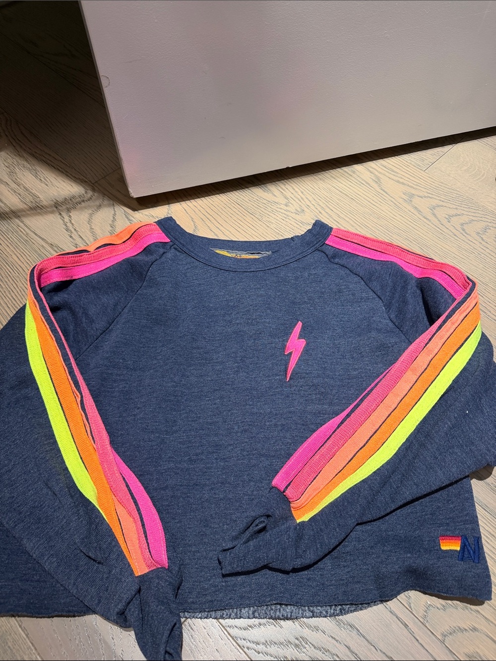 Aviator Nation Navy Sweatshirt with Neon Pink, Orange & Yellow Stripes